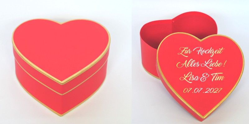 Geschenkbox zur Hochzeit personalisiert in Rot-Gold